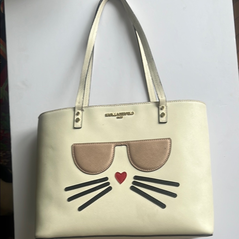 Karl Lagerfeld Cream Tote with Tan Sunglasses and Red Heart